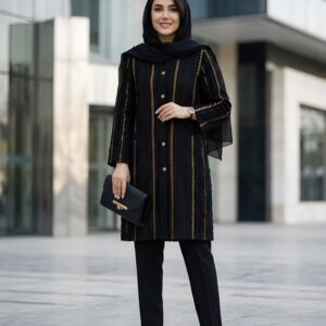 مانتو مجلسی سایز بزرگ زنانه با جنس حریر ژاکارد طرح دار و قد 92